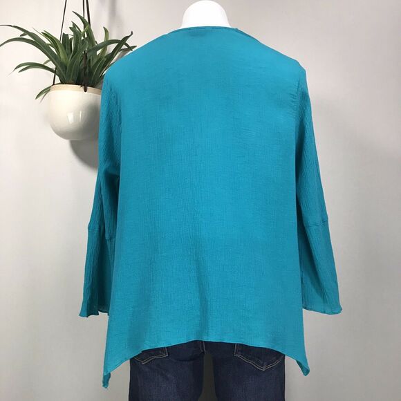Tianello Turquoise Yuriko Blouse Crinkle Open or Knot Front Cardigan‎ Top Size S - Picture 6 of 10